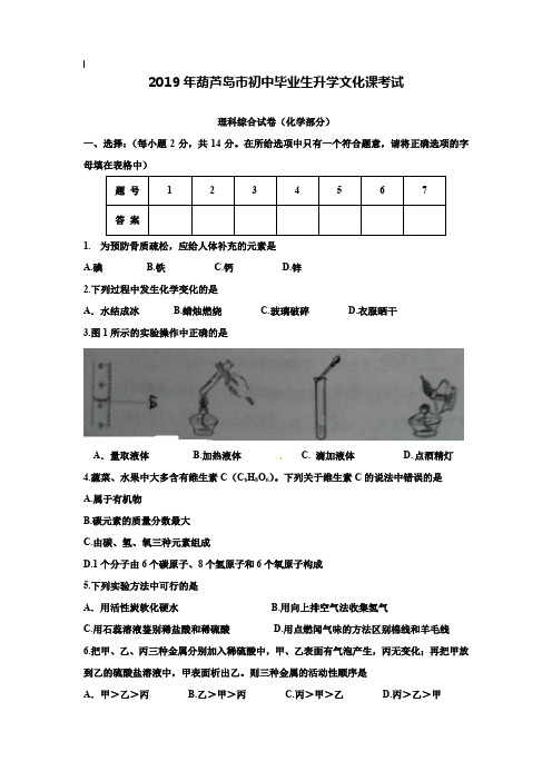 【附20套名校中考真题】辽宁省葫芦岛市2019年中考理综(化学部分)试题(word版,含答案)