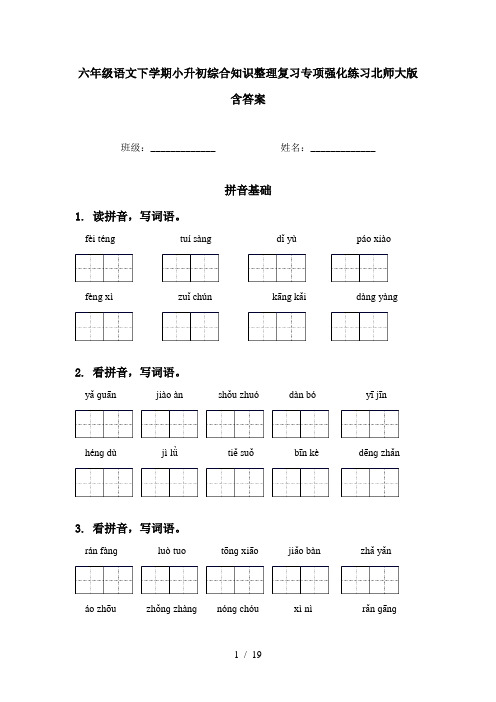 六年级语文下学期小升初综合知识整理复习专项强化练习北师大版含答案