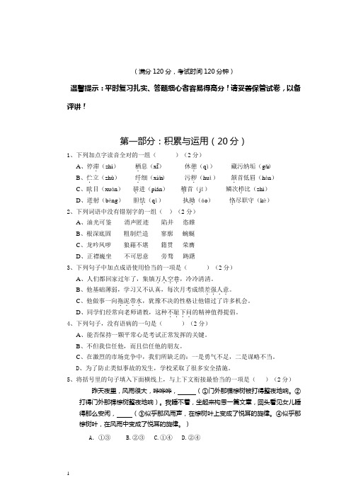 2014年春九年级下学期语文第二次月考模拟试卷及答案