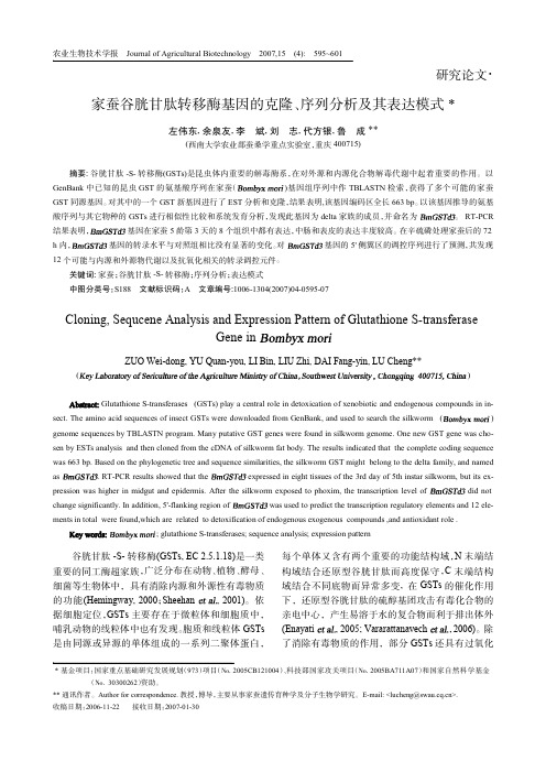 家蚕谷胱甘肽转移酶基因的克隆、序列分析及其表达模式研究