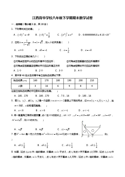 八下 数学 2019 育华  期末试卷