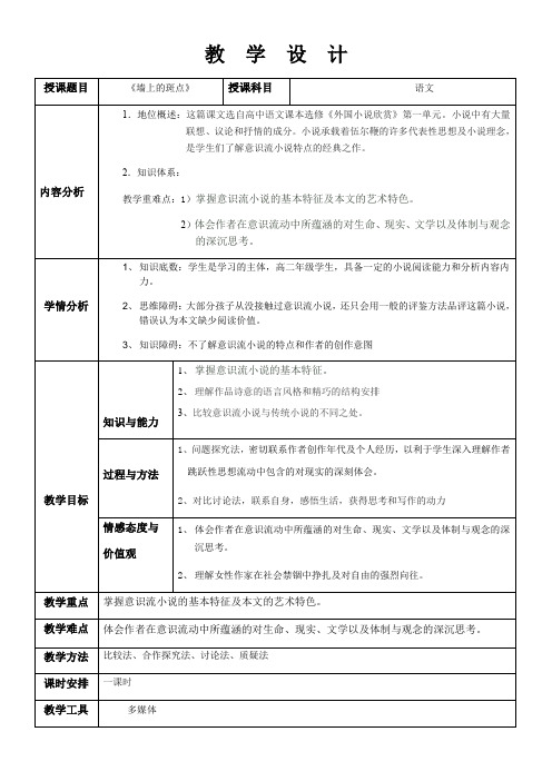 高中语文选修-外国小说欣赏第一单元《墙上的斑点》教案