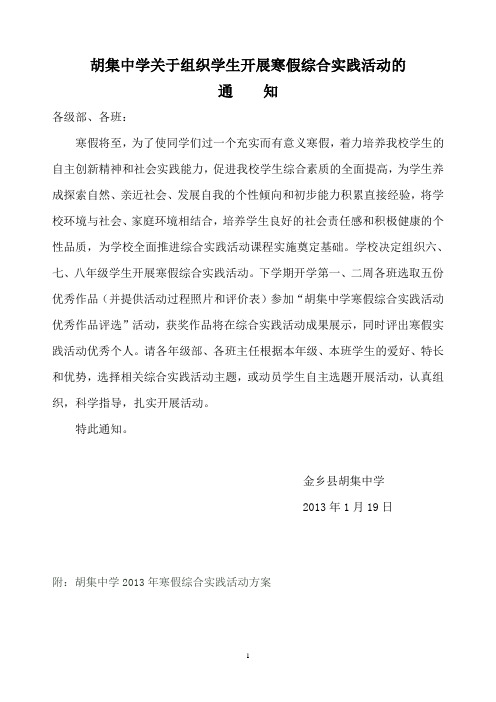 胡集中学寒假社会实践方案