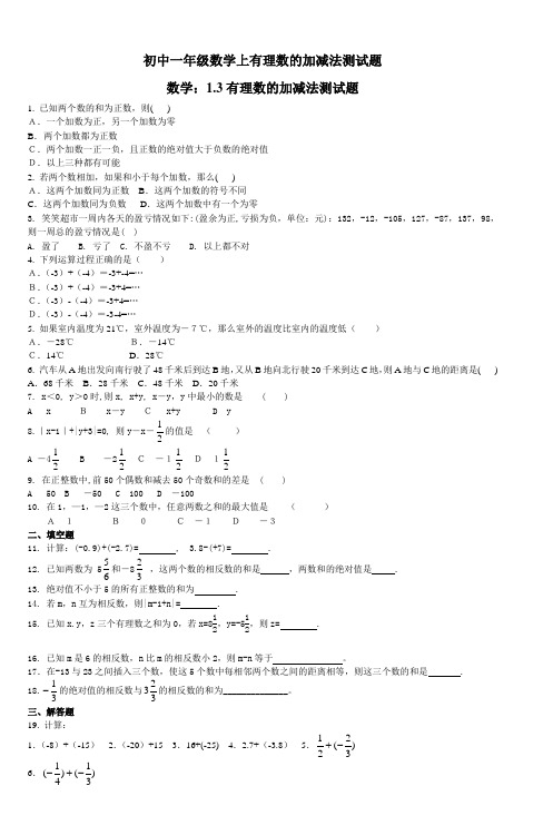 初中一年级数学上有理数的加减法测试题 (2)