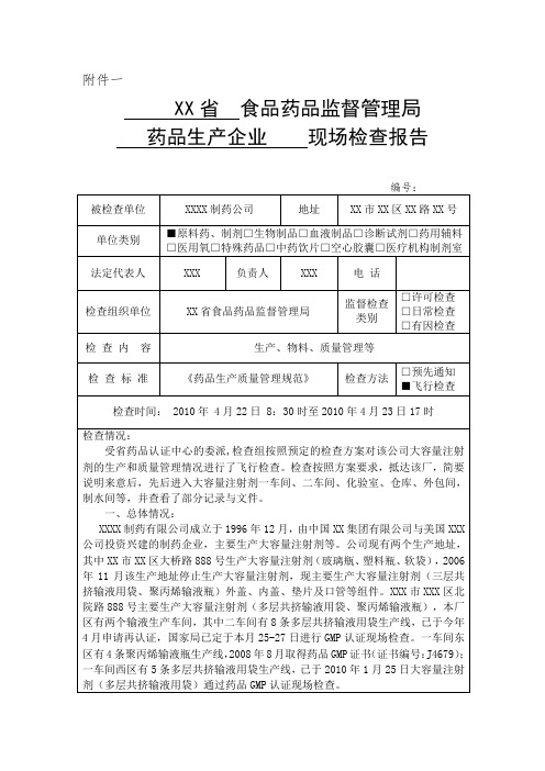 药品企业日常监督现场检查报告