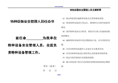 特种设备安全管理机构及人员任命书