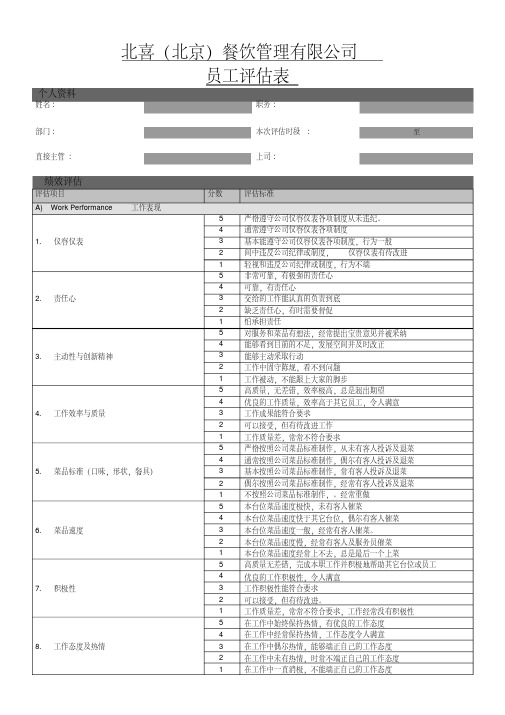 最新厨房员工评估表