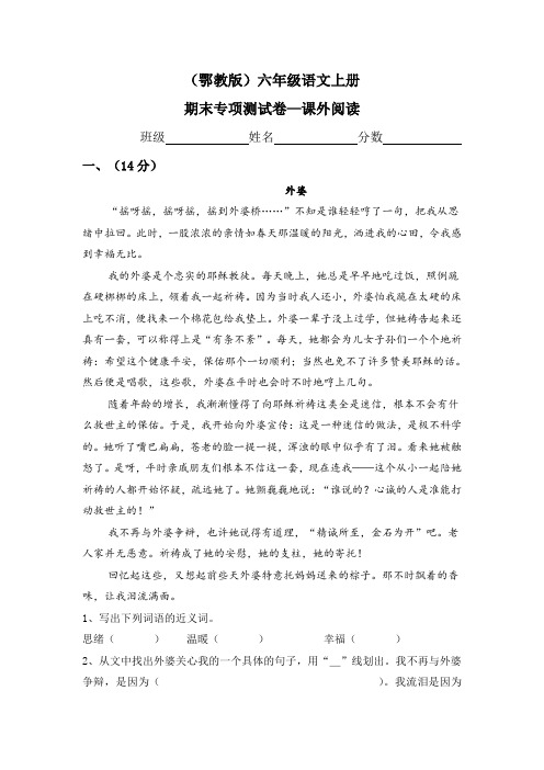 六年级上册语文期末专项测试卷—课外阅读(含参考答案)