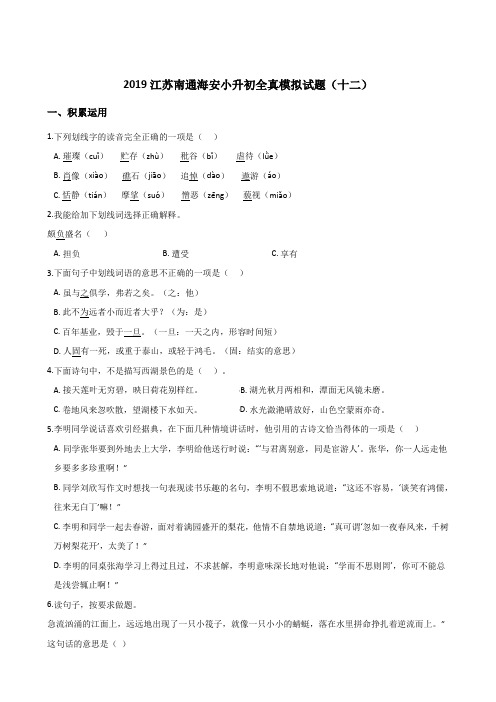 【精品】六年级下册语文试题-2019江苏南通海安小升初全真模拟试题(十二) 苏教版 含答案