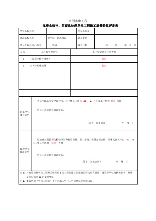 混凝土修补、防碳化处理质量评定表(水利)