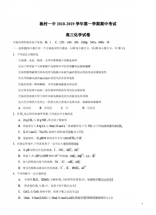天津杨村一中2018-2019学年度高三第一学期期中化学(含答案)[精品]