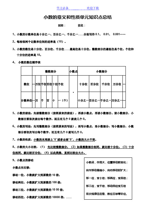 小数的意义和性质单元知识点总结