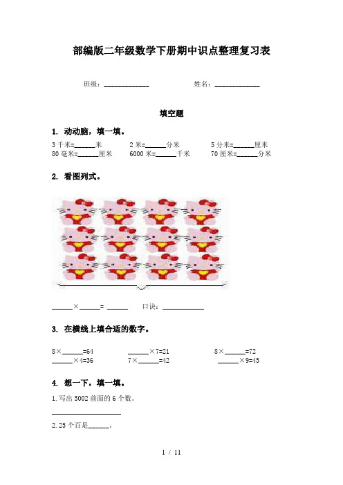 部编版二年级数学下册期中识点整理复习表