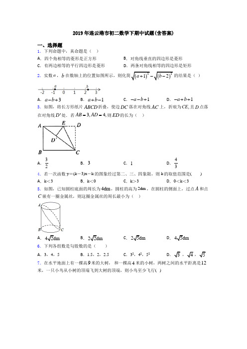 2019年连云港市初二数学下期中试题(含答案)