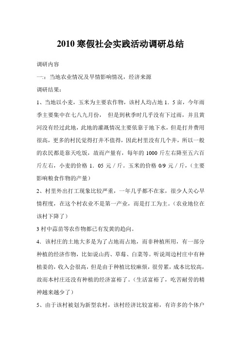 2010寒假社会实践活动调研总结