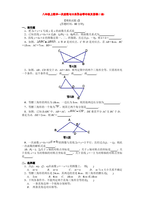 八年级上数学一次函数与三角形全等专练(含答案)(2套)