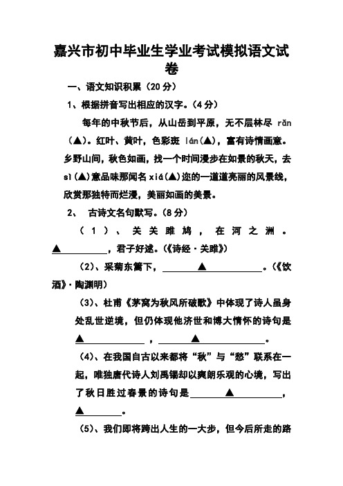 2017年浙江省嘉兴市初中毕业生学业考试模拟语文试题及答案