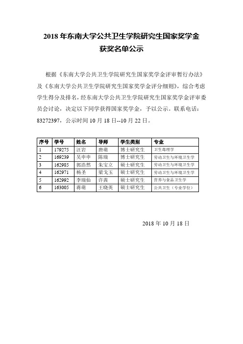 2018年东南大学公共卫生学院研究生国家奖学金