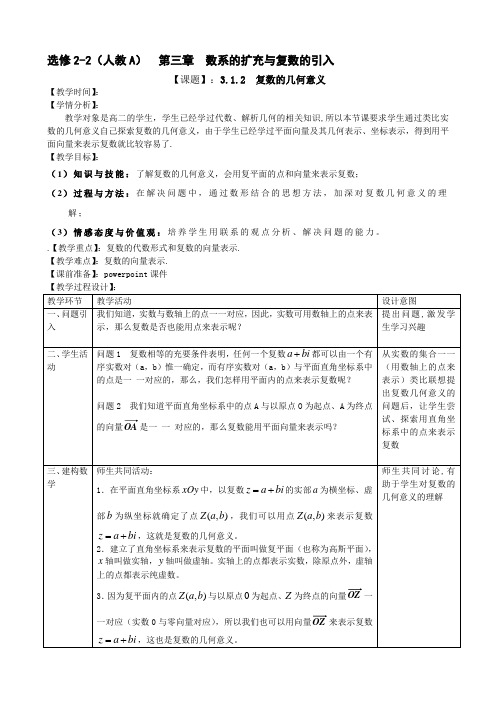高中数学选修1-2教案-3.1.2 复数的几何意义(1)-人教A版