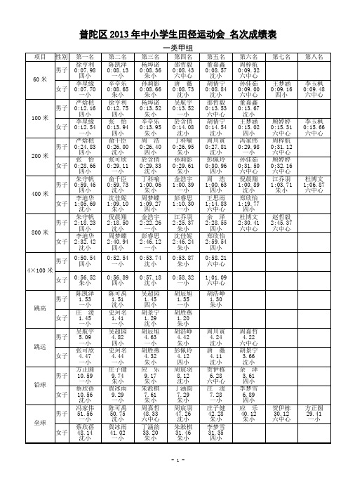 普陀区2013年中小学生田径运动会 名次成绩表