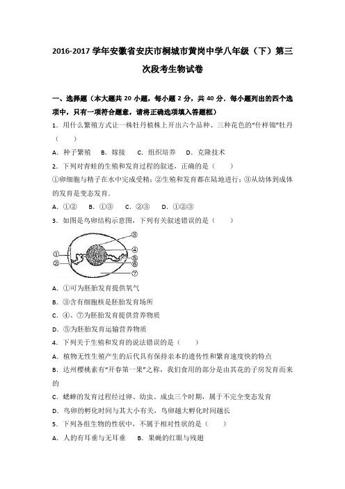 安徽省安庆市桐城市黄岗中学2016-2017学年八年级(下)第三次段考生物试卷(解析版)