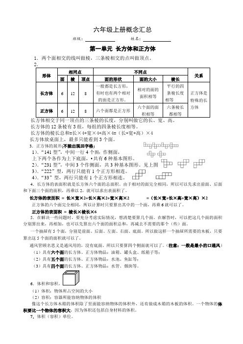六年级数学上册第1-6单元全部知识点汇总