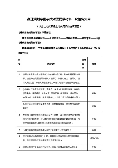 办理规划审批手续所需提供材料一次性告知单