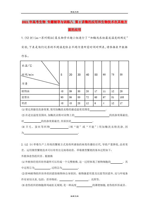2021年高考生物 专题辅导与训练八 第2讲酶的应用和生物技术在其他方面的应用