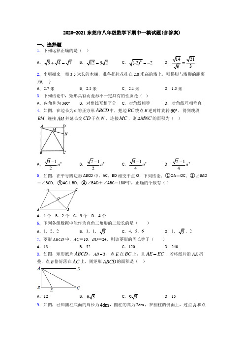 2020-2021东莞市八年级数学下期中一模试题(含答案)