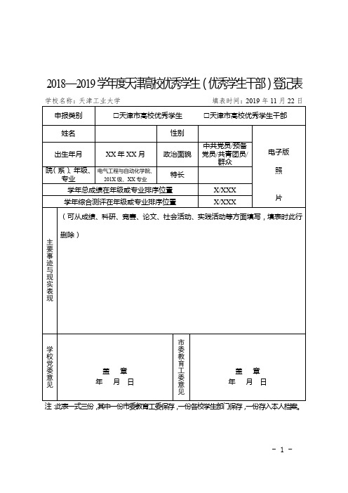 2018—2019学年度天津高校优秀学生(优秀学生干部)登记表【模板】