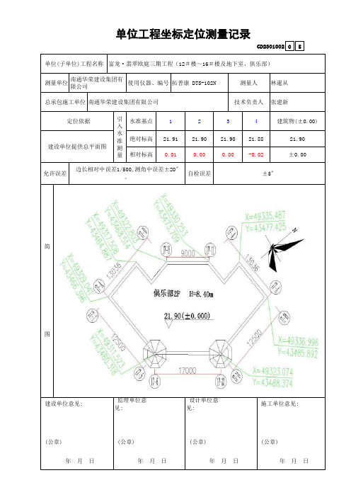 单位工程坐标定位测量记录