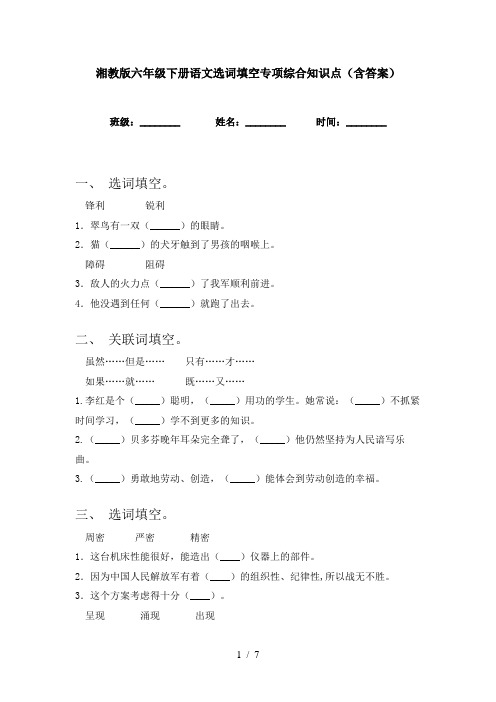 湘教版六年级下册语文选词填空专项综合知识点(含答案)