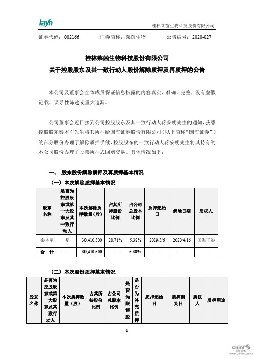 莱茵生物：关于控股股东及其一致行动人股份解除质押及再质押的公告