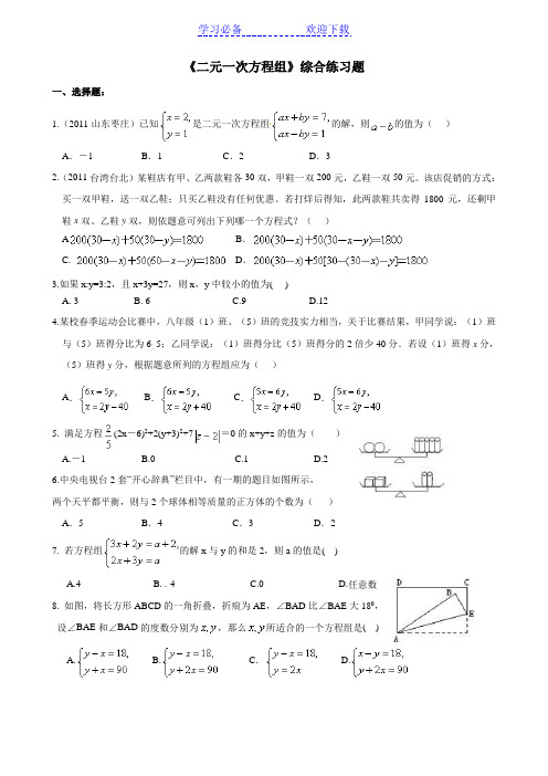 《二元一次方程组》综合练习题(含部分答案)