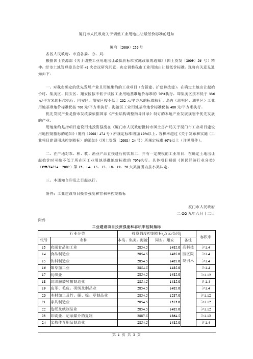 厦门市人民政府关于调整工业用地出让最低价标准的通知厦府〔20