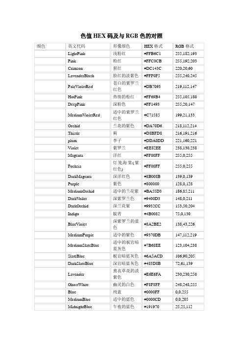 色值HEX码及与RGB色的对照