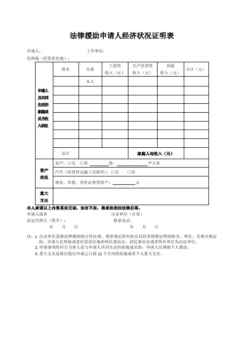 法律援助申请人经济状况证明表