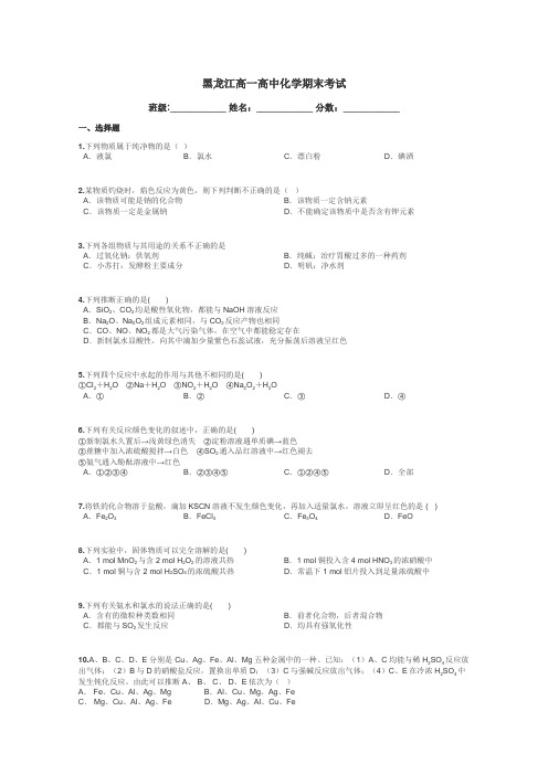 黑龙江高一高中化学期末考试带答案解析
