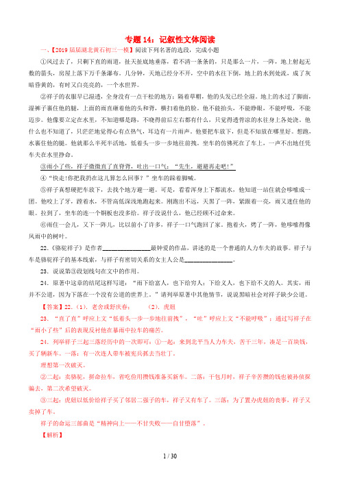 2019年中考语文考前模拟分项汇编专题记叙性文体阅读含解析
