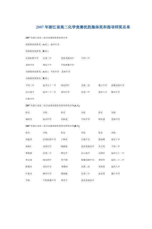 2007年浙江省高二化学竞赛优胜集体奖和指导