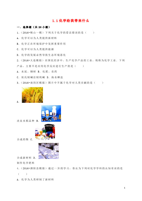 九年级化学全册1.1化学给我带来什么同步练习(含解析)(新版)沪教版