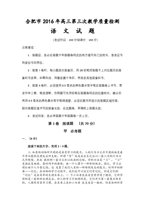 2016年高三 合肥三模语文试题及参考答案