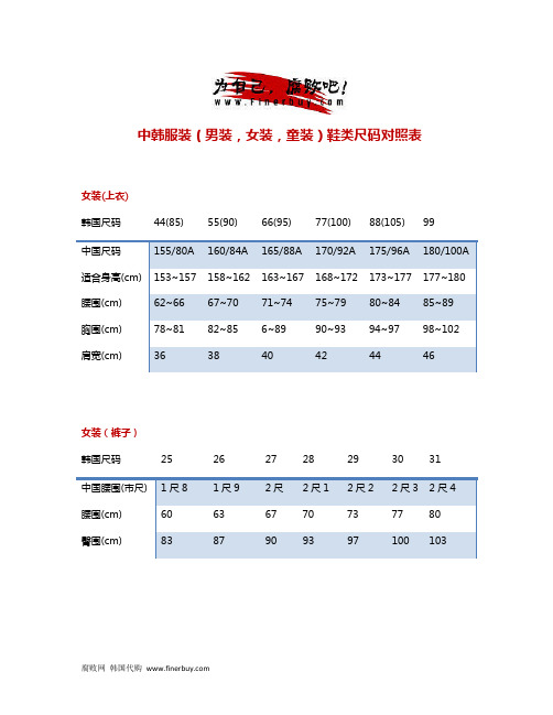 中韩服装尺码对照表