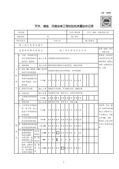 SG-A086开关、插座、风扇安装工程检验批质量验收记录