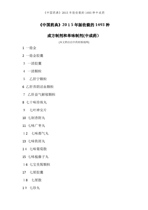 《中国药典》2015年版收载的1493种中成药