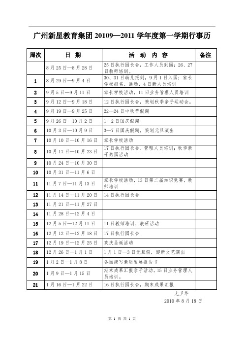 广州新星教育集团2010—2011学年度第一学期行事历