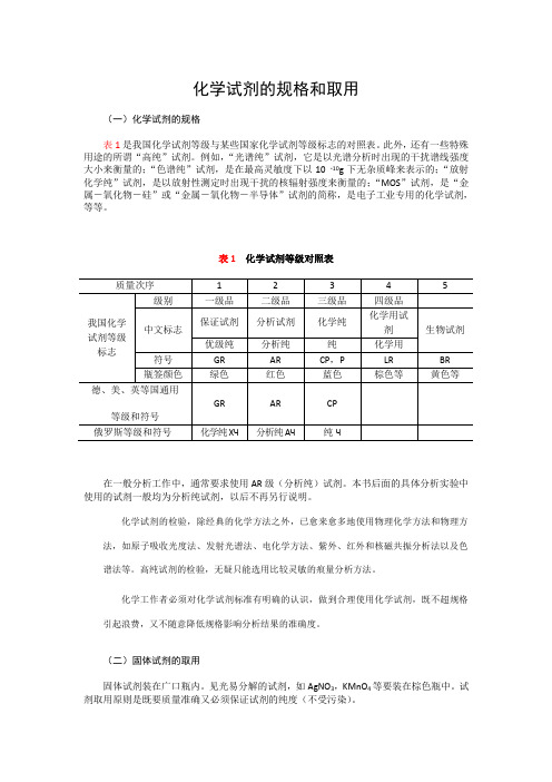 化学试剂的规格和取用