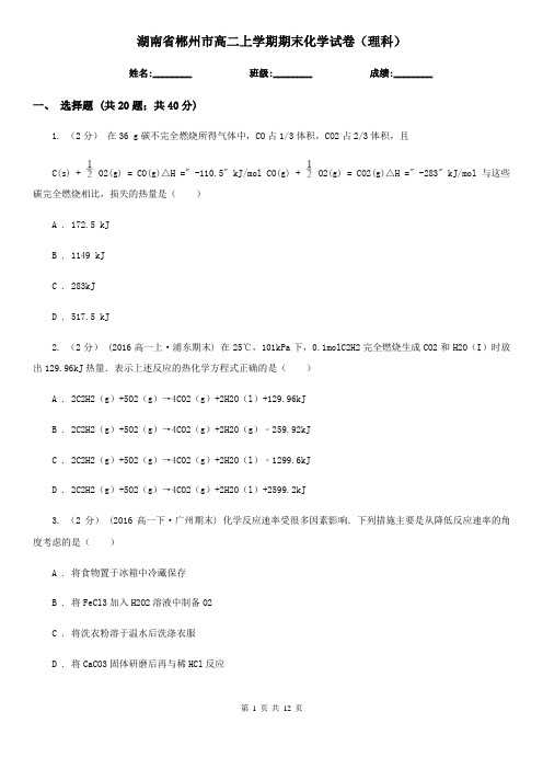 湖南省郴州市高二上学期期末化学试卷(理科)