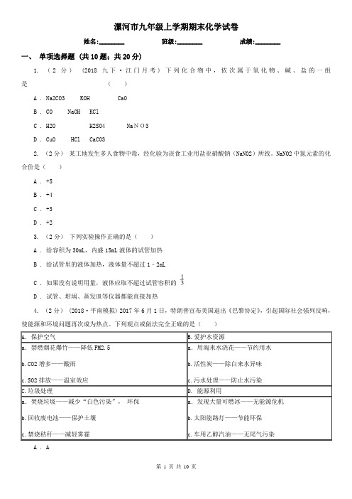 漯河市九年级上学期期末化学试卷 