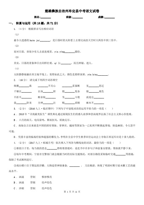 楚雄彝族自治州牟定县中考语文试卷